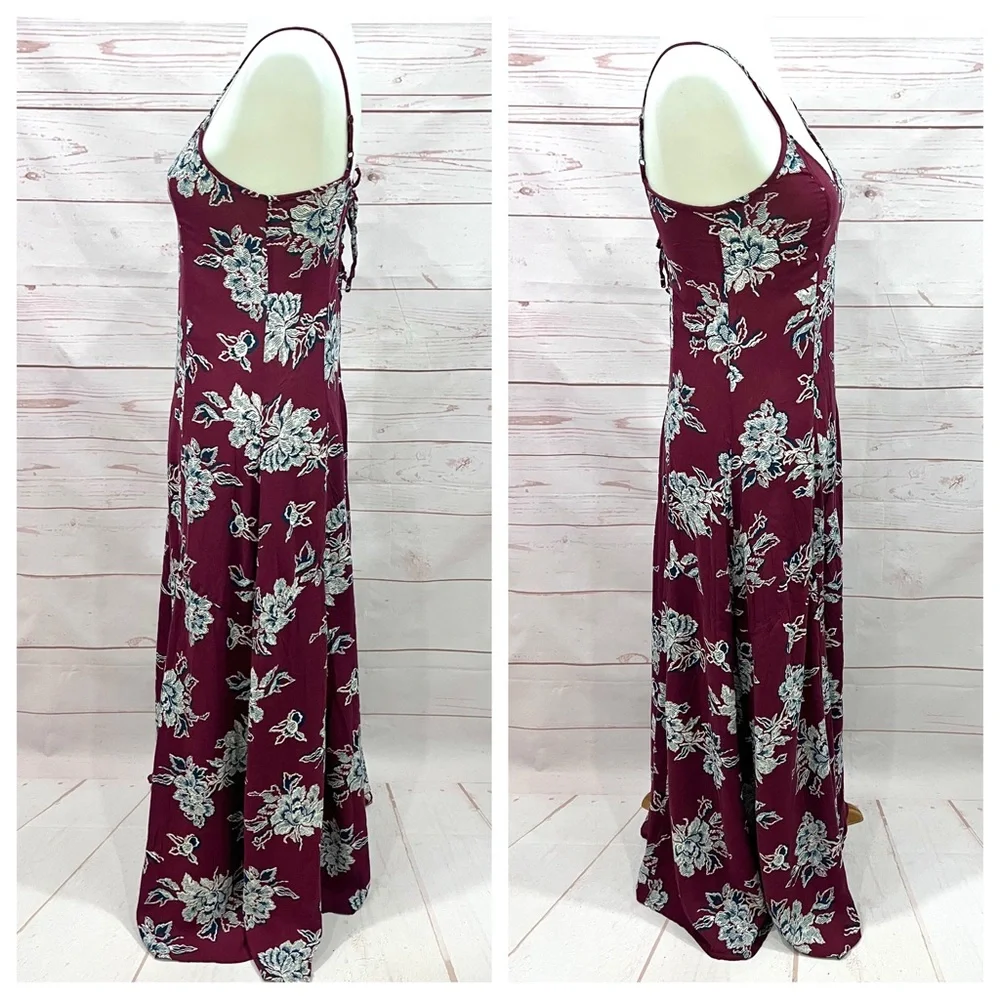 Abercrombie Maroon Floral Sleeveless V-neck Corset Back Boho Flowy Maxi Dress